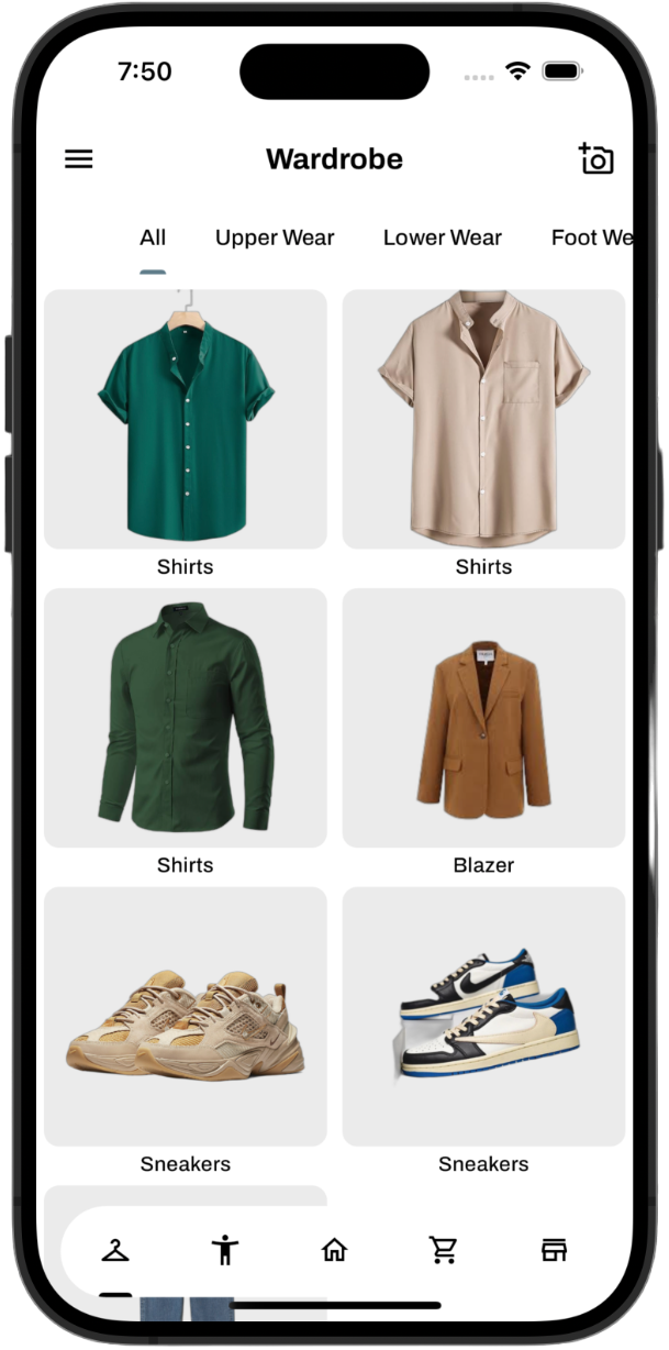 Woreto mobile app showing outfit recommendations calibrated to user body profile with live pricing from major Indian fashion platforms.